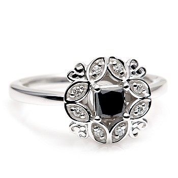 18k Gold or Platinum Engagement Ring with Black Diamond Princess and Diamonds - model i72000