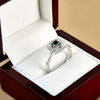 18k Gold or Platinum Engagement Ring with Black Diamond Princess and Diamonds - model i72000