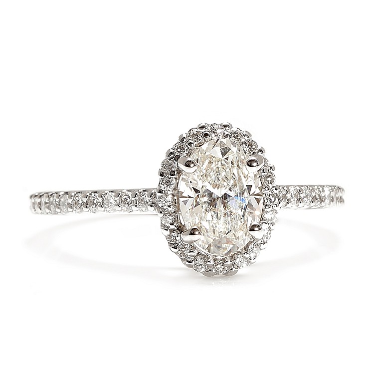 Bague de fiançailles Halo en or 18 carats ou en platine avec diamant central ovale certifié GIA de 0,50 ct ou 0,70 ct et diamants secondaires - modèle i1420