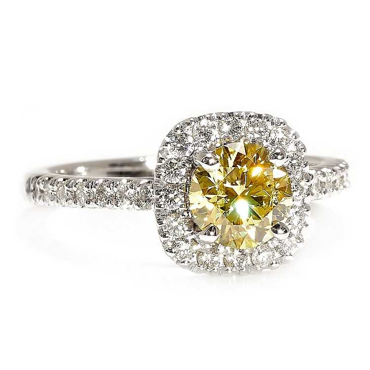Halo Engagement Ring in 18K White Gold with Lab Grown Yellow Diamond IGI Certified - model i1905