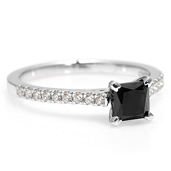 18k Gold or Platinum Engagement Ring with Black Diamond Princess and Diamonds - model i2621