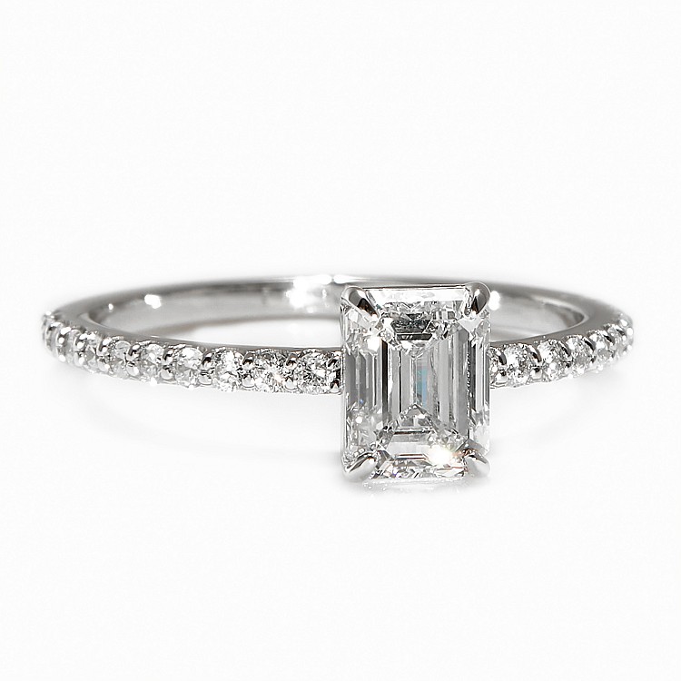 Bague de fiançailles en or avec pierre latérale, diamant émeraude et diamants incolores - GIA 1,00 ct - modèle i4111