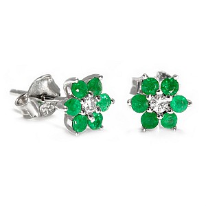 14k White Gold Flower Earrings with Colorless Diamonds and Emeralds c652dism