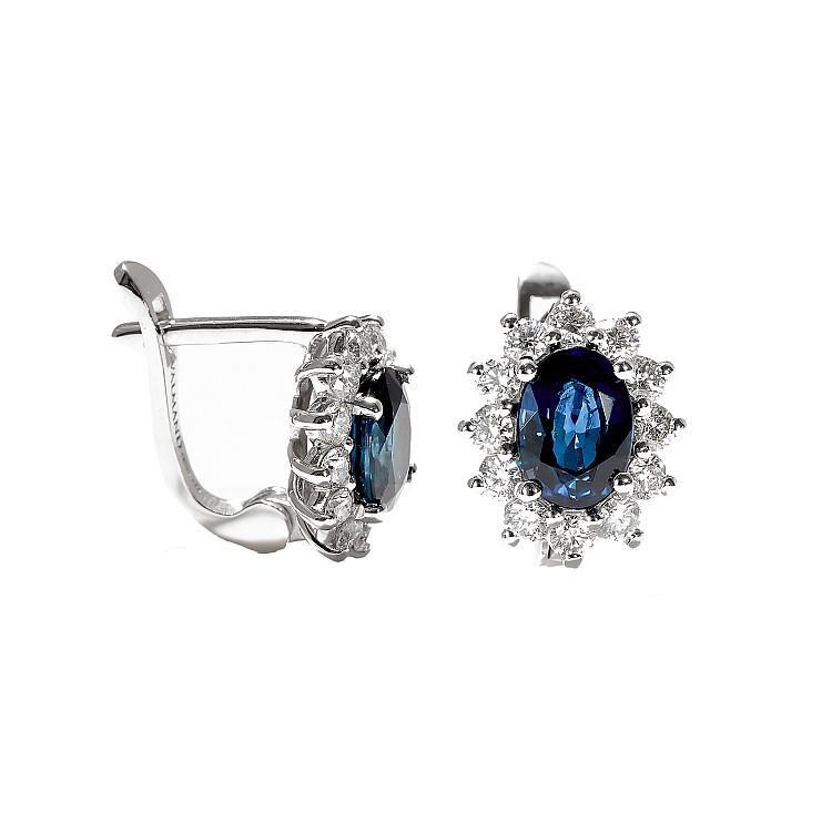 Gold Latch Back Earrings with Oval Sapphires and Diamonds - model c055v2
