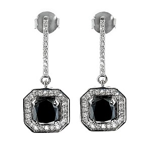 18K Gold Long Earrings with Cushion Black and Colorless Diamonds c1175DnChdi