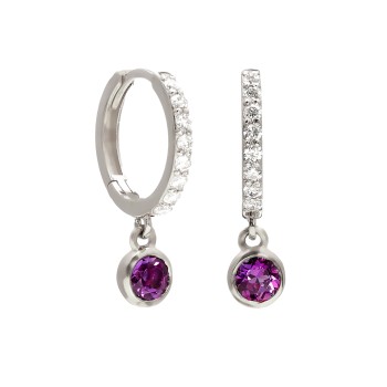 Round Gold Earrings with Amethysts and Colorless Diamonds - model c3816