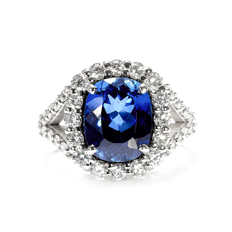 Gold or Platinum Engagement Ring with Antique Cushion Lab Grown Sapphire and Colorless Diamonds - model i0555