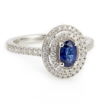 Vintage 18k Gold or Platinum Engagement Ring with Oval Sapphire and Colorless Diamonds - model i1903