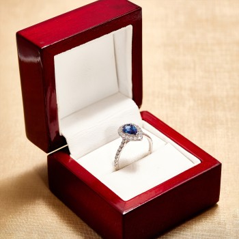 Halo 18k Gold or Platinum Engagement Ring with Pear Sapphire and Colorless Diamonds - model i2989