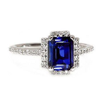 18k Gold or Platinum Engagement Ring with Lab Grown Emerald Sapphire and Colorless Diamonds - model i3829