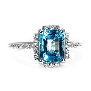 18k Gold or Platinum Engagement Ring with Swiss Blue Topaz Emerald and Diamonds - model i3829