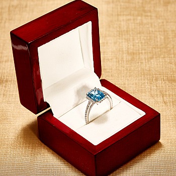 18k Gold or Platinum Engagement Ring with Swiss Blue Topaz Emerald and Diamonds - model i3829
