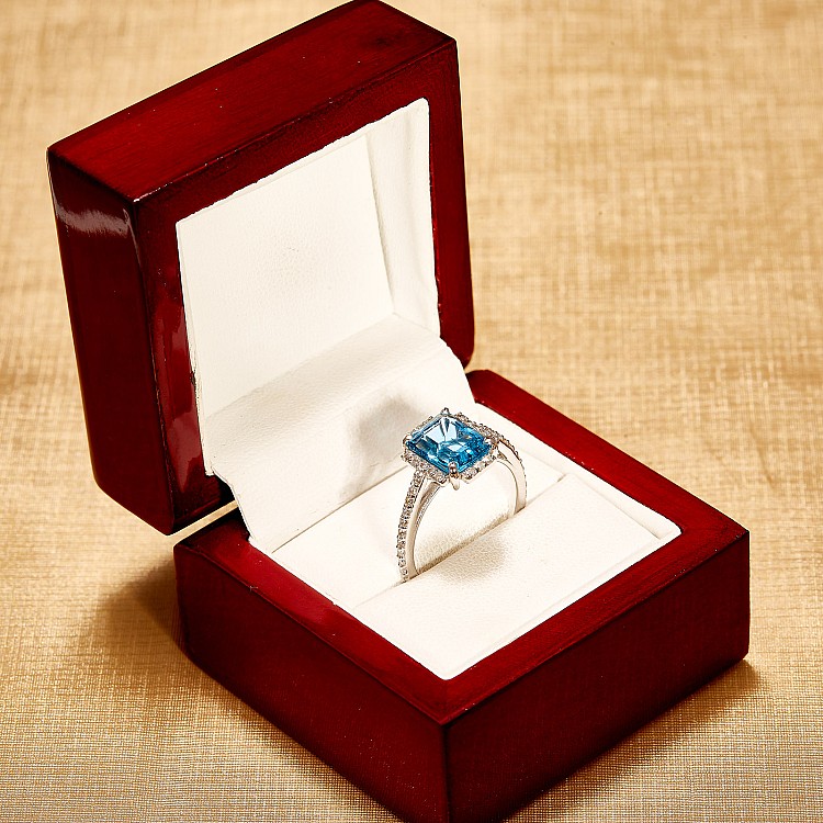 Gold Engagement Ring with Swiss Blue Topaz Emerald and Diamonds - model i3829