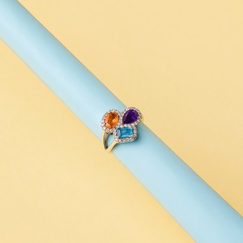 Fashion Gold Ring with Colored Stones, Topaz Amethyst Citrine and Diamonds - model i3899