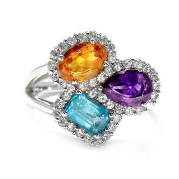 Fashion Gold Ring with Colored Stones, Topaz Amethyst Citrine and Diamonds - model i3899
