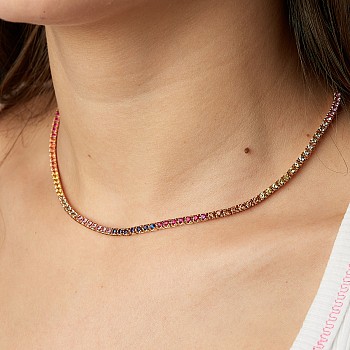 Collier tennis en or avec diamants incolores, saphirs colorés et rubis - modèle col2181