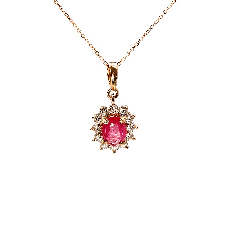 Pendente Halo in oro rosa 14k con rubino ovale e diamante pan055RbDi