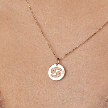 Hanger met munt van het sterrenbeeld Kreeft in goud met diamant - model pan2071