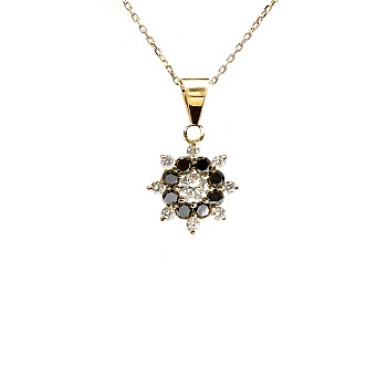 Gold flower pendant with colorless and black diamonds - model pan2373