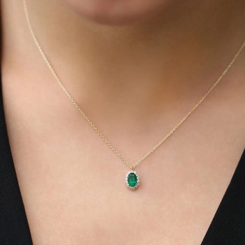Halo Gold Pendant with Oval Emerald and Diamonds - model pan3153