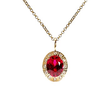 Halo Pendant in 18K Yellow Gold with Oval Lab Grown Ruby and Diamonds - model pan4676