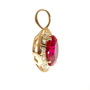 Halo Pendant in 18K Yellow Gold with Oval Lab Grown Ruby and Diamonds - model pan4676