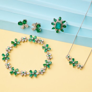 Fashion Set Earrings Ring Bracelet and Pendant in Gold with Emeralds and Diamonds - model set2752