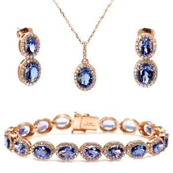 Fashion Set Bracelet, Pendant and Earrings in Gold with Oval Tanzanites and Diamonds - model set2118