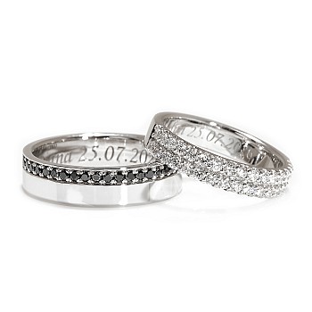 18k Gold or Platinum Wedding Rings with Colorless and Black Diamonds - model Perla