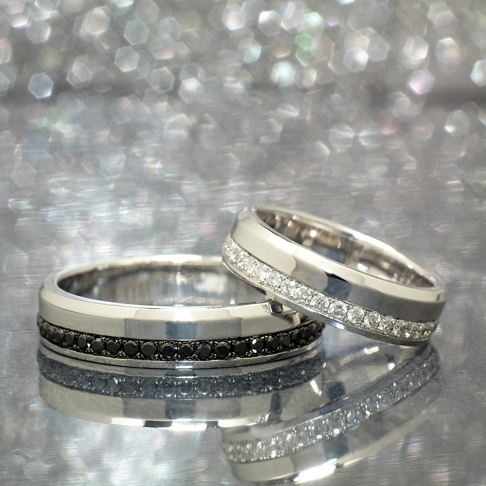 Men's Eternity Black Diamond Wedding Ring in Black Ceramic Black Gold 10K  9mm 15 Black Diamonds 0.15ct Size 10 | MADANI Rings