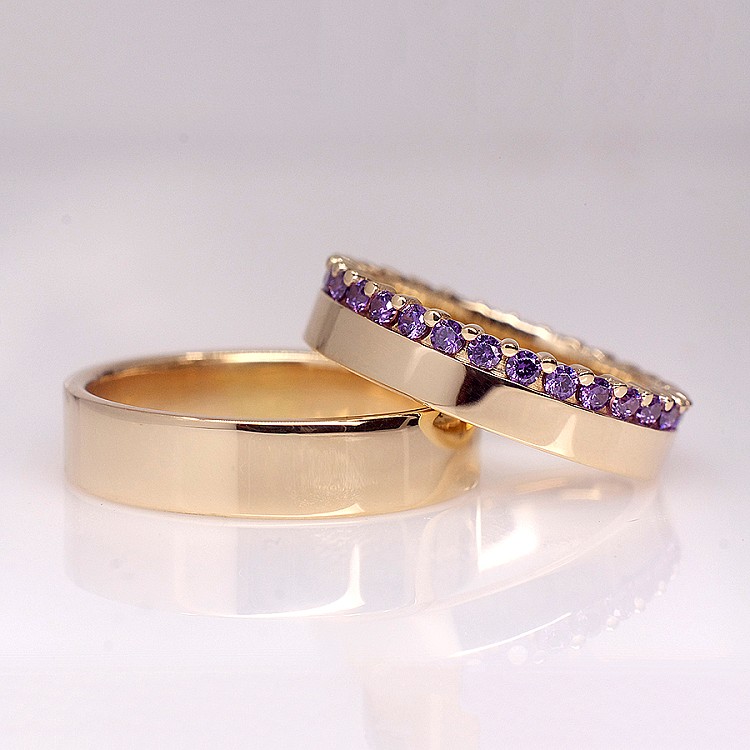 Wedding rings v140am Full Stone in Gold or Platinum with Amethysts
