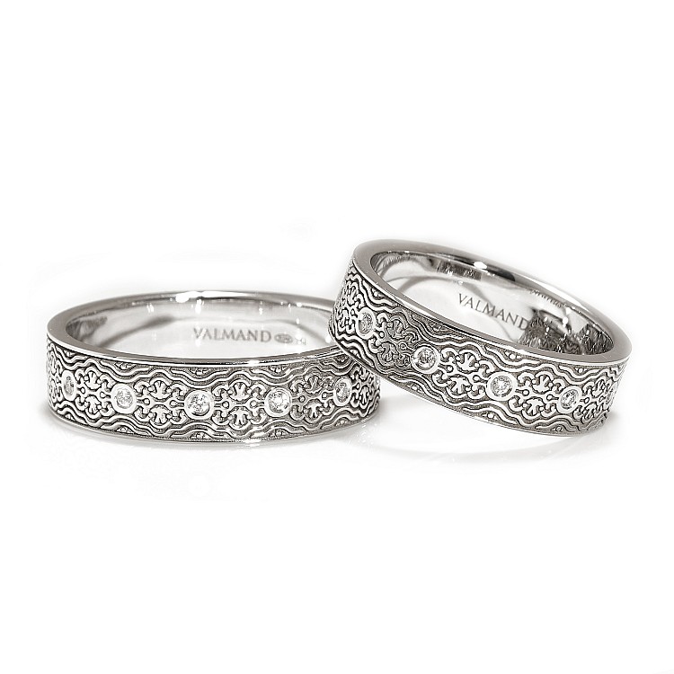 Laser Wedding Rings in 18k Gold or Platinum with Colorless Diamonds - model v2030
