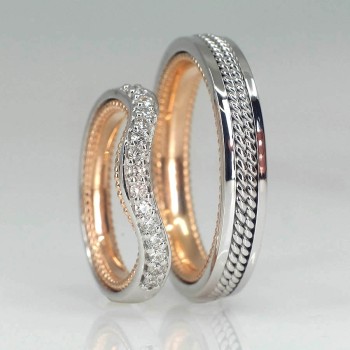 Alliances vintage en or tressé ou en platine avec diamants - modèle v228