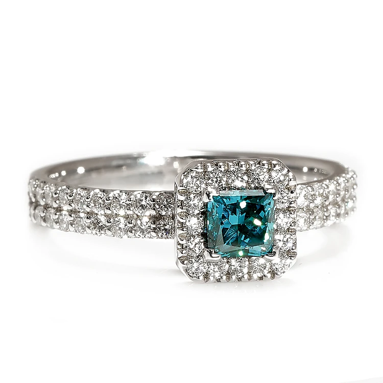 18k Gold or Platinum Gift Ring with Princess Blue Diamond and Colorless Diamonds - model i1061