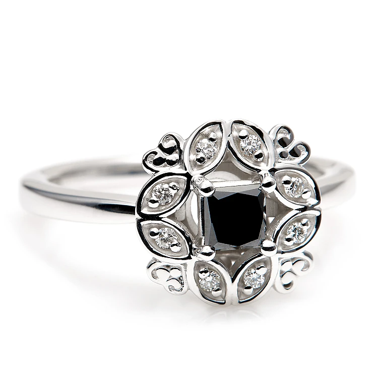 Anillo de compromiso de oro con diamante negro princesa y diamantes - modelo i72000