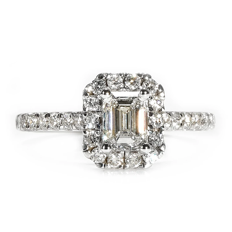 Anillo de compromiso de platino con halo y diamante esmeralda de 1,00 ct con certificación GIA - modelo i1905