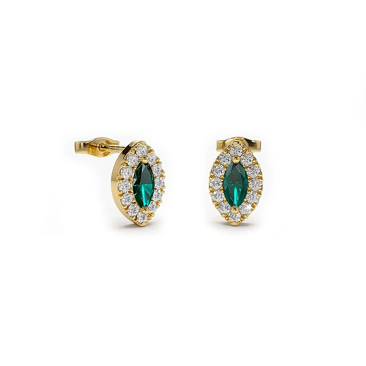 Halo Gold Earrings with Marquise Emeralds and Diamonds c3152Smdi