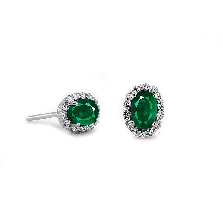Pendientes de oro con halo, esmeraldas ovaladas y diamantes - modelo c3153