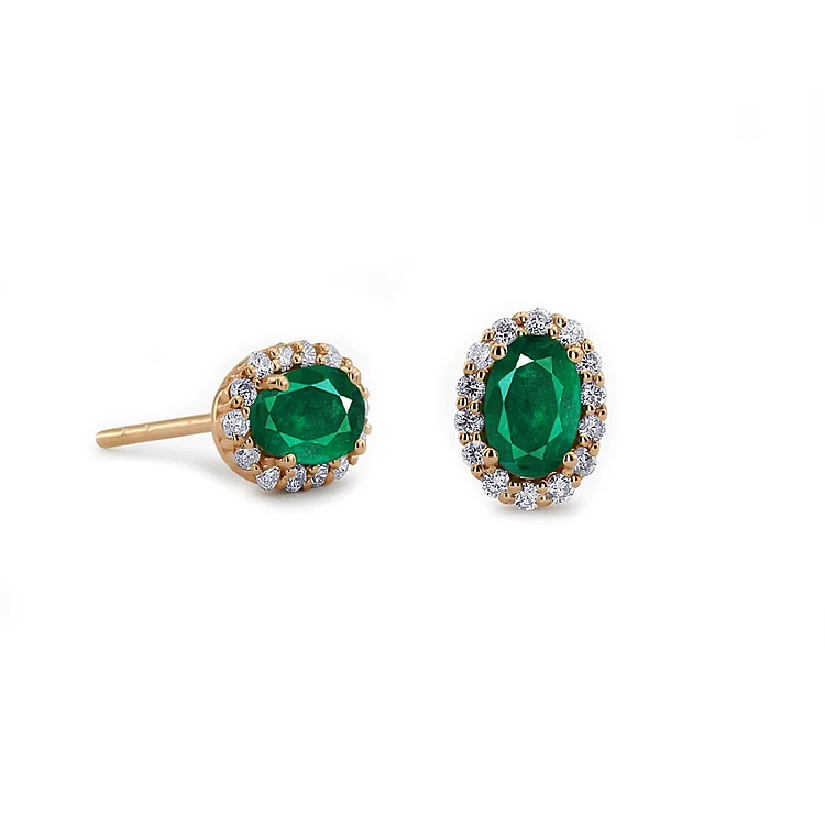 Pendientes de oro con halo, esmeraldas ovaladas y diamantes - modelo c3153