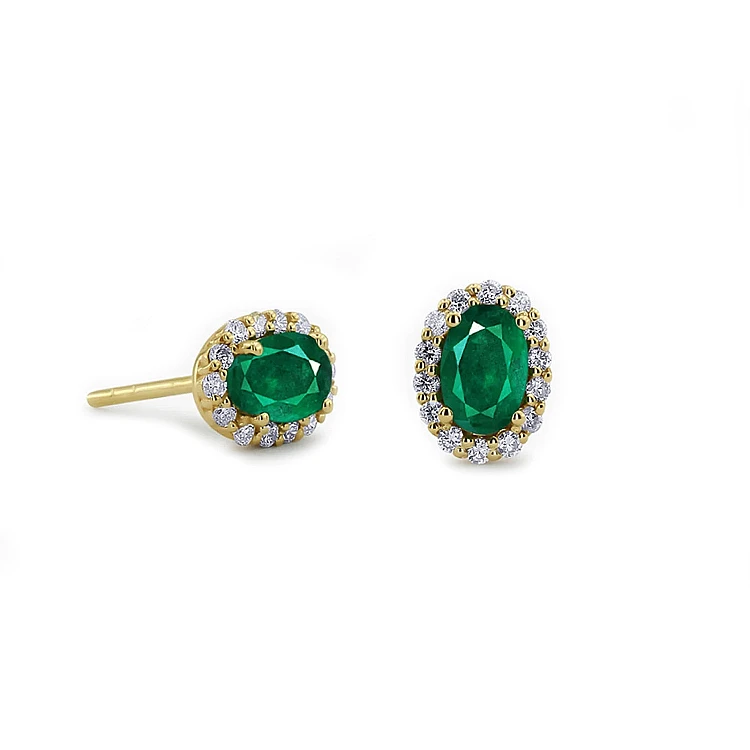 Pendientes de oro con halo, esmeraldas ovaladas y diamantes - modelo c3153