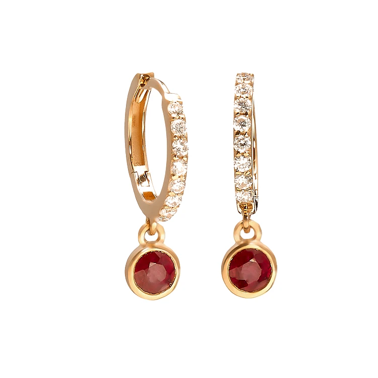 Pendientes redondos de oro con rubíes y diamantes incoloros - modelo c3816