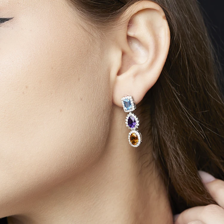 Modische goldene Ohrringe mit farbigen Steinen, Topas, Amethyst, Citrin und Diamanten c3899TpAmCiDi