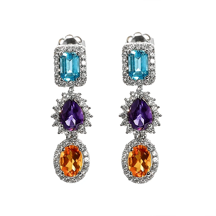 Modische goldene Ohrringe mit farbigen Steinen, Topas, Amethyst, Citrin und Diamanten c3899TpAmCiDi
