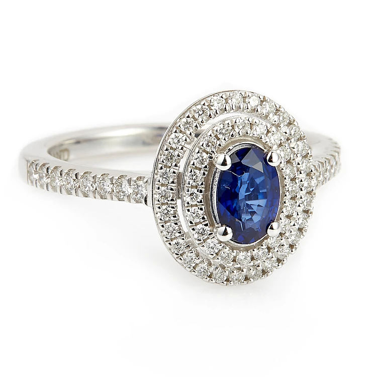 Vintage verlovingsring i1903SFODI in goud met ovale saffier en kleurloze diamanten
