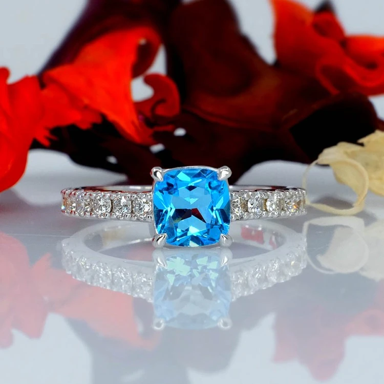 Gift Ring i645TpAsDi Model Tiffany Novo in Gold or Platinum with Topaz Antique Square and Diamonds
