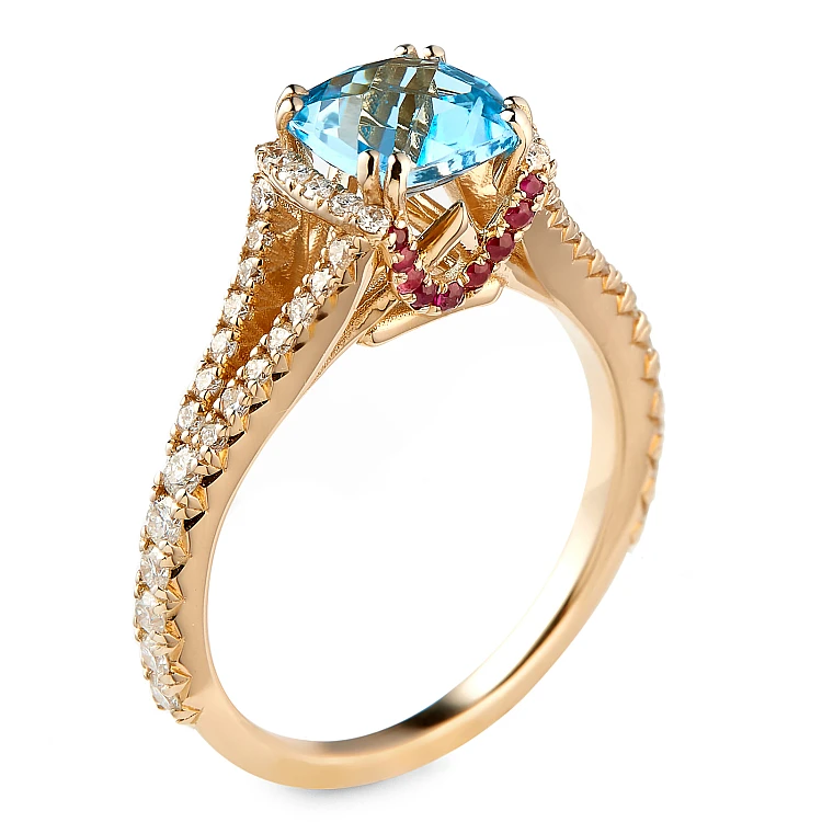 Bague cadeau en or avec topaze coussin, rubis et diamants - modèle i2705
