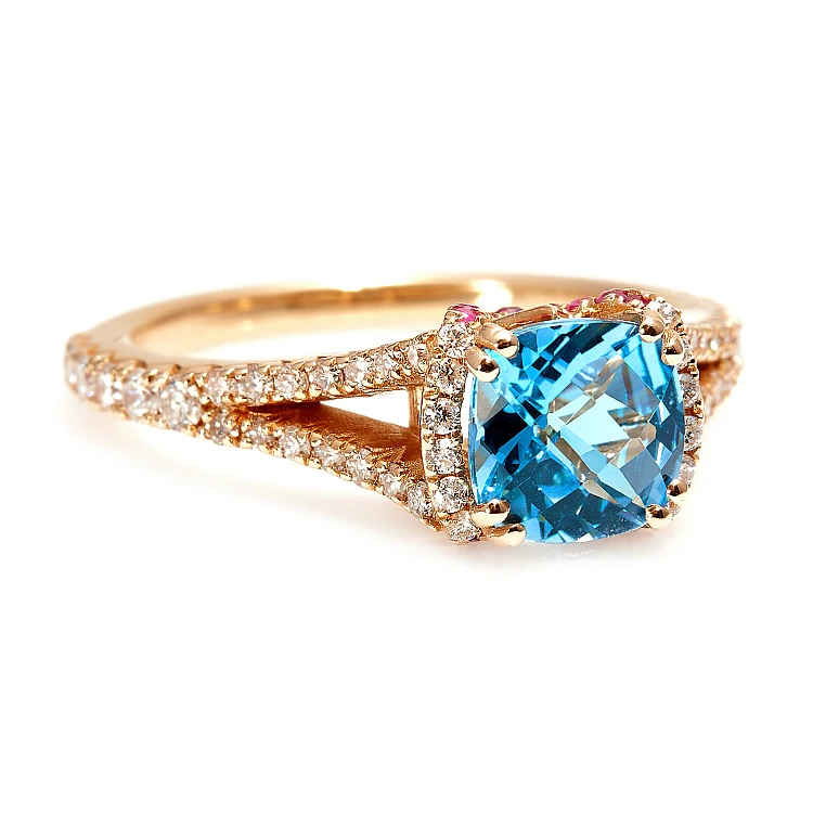 Bague cadeau en or avec topaze coussin, rubis et diamants - modèle i2705