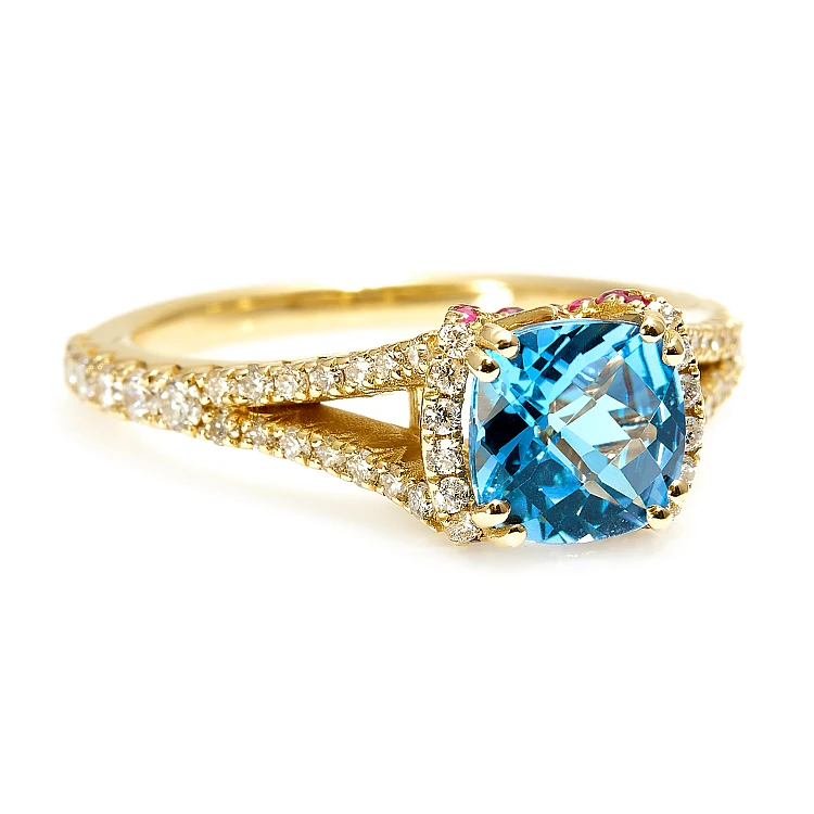 Bague cadeau en or avec topaze coussin, rubis et diamants - modèle i2705