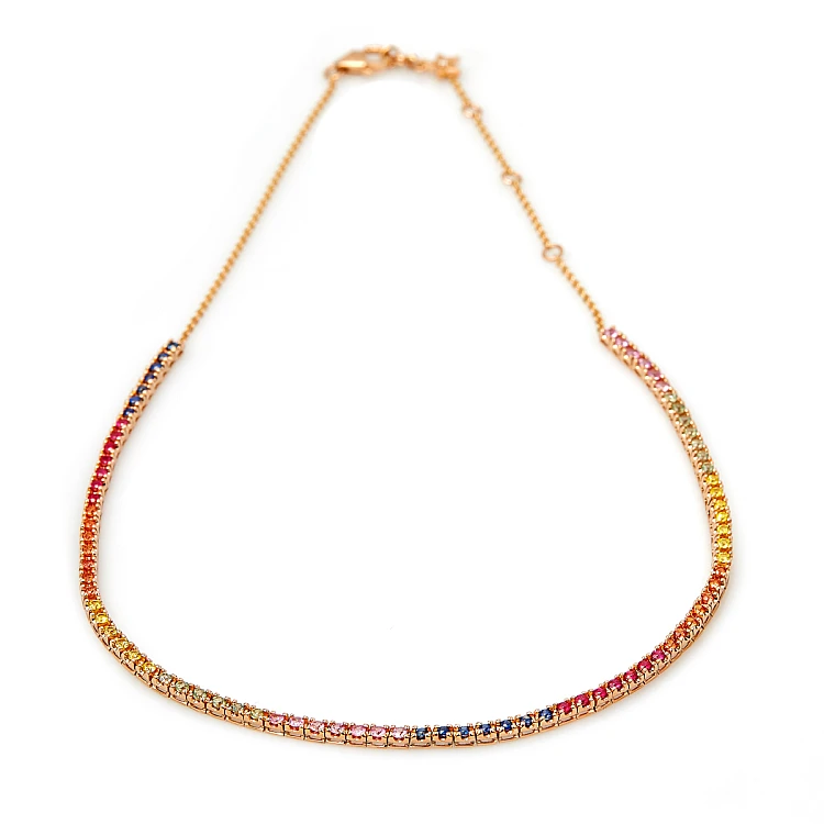 Gold-Tennis-Halskette mit farblosem Diamant, farbigen Saphiren und Rubinen col2181