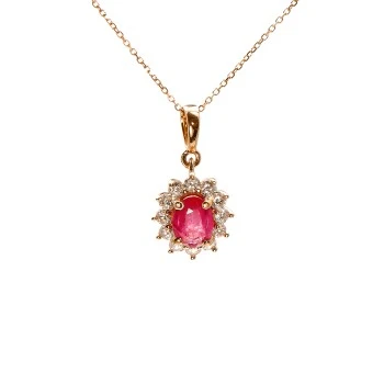 Pendentif Halo en or rose 14 carats avec rubis ovale et diamants - modèle pan055